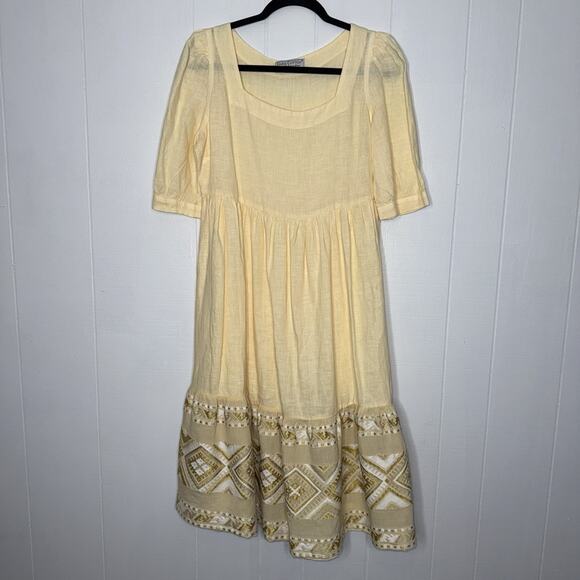 Haris Cotton Women’s 100% Linen Midi Dress Yellow Embroidered Cottage Core XS - Picture 1 of 6